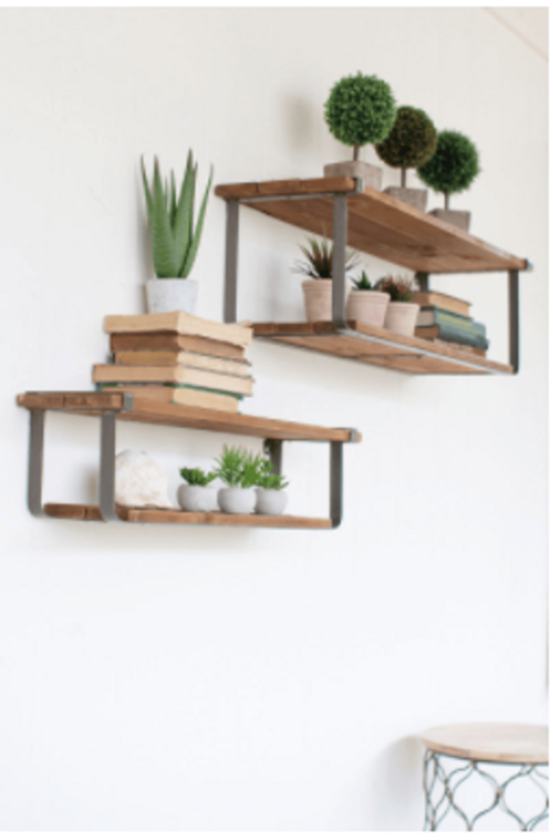 Set of 2 Recycled Wood & Gunmetal Metal Wall Shelves — Rustic Industrial Display